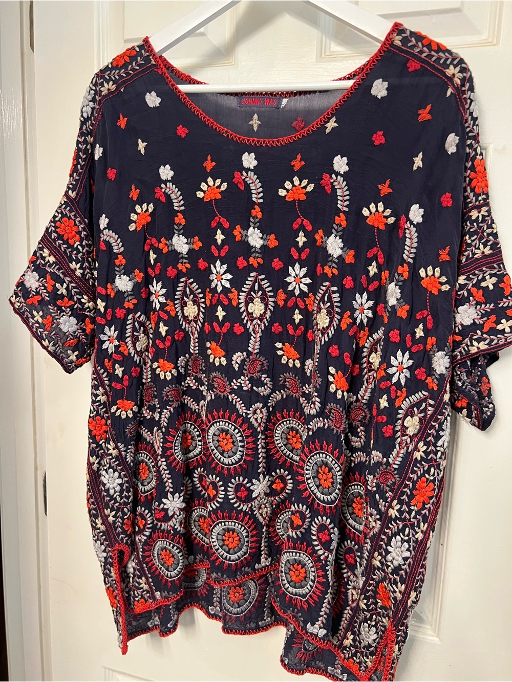 Johnny Was Navy Tunic Top with Red & White Embroidery